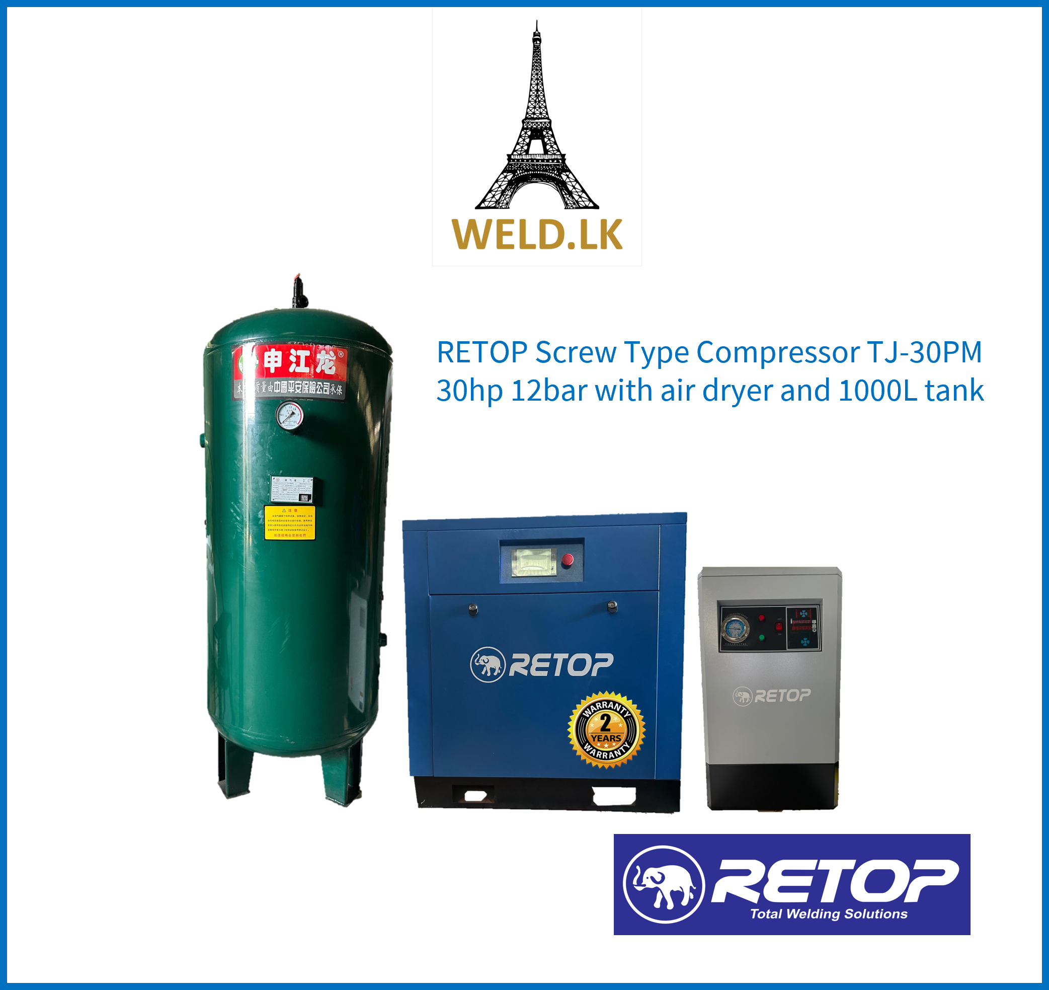 RETOP Screw Type Air Compressor TJ-30PM 30hp 12bar with air dryer and 1000L tank